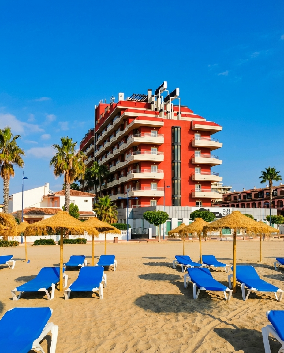 Beach club hotel Acualandia Peñíscola con hamacas y sombrillas en la playa