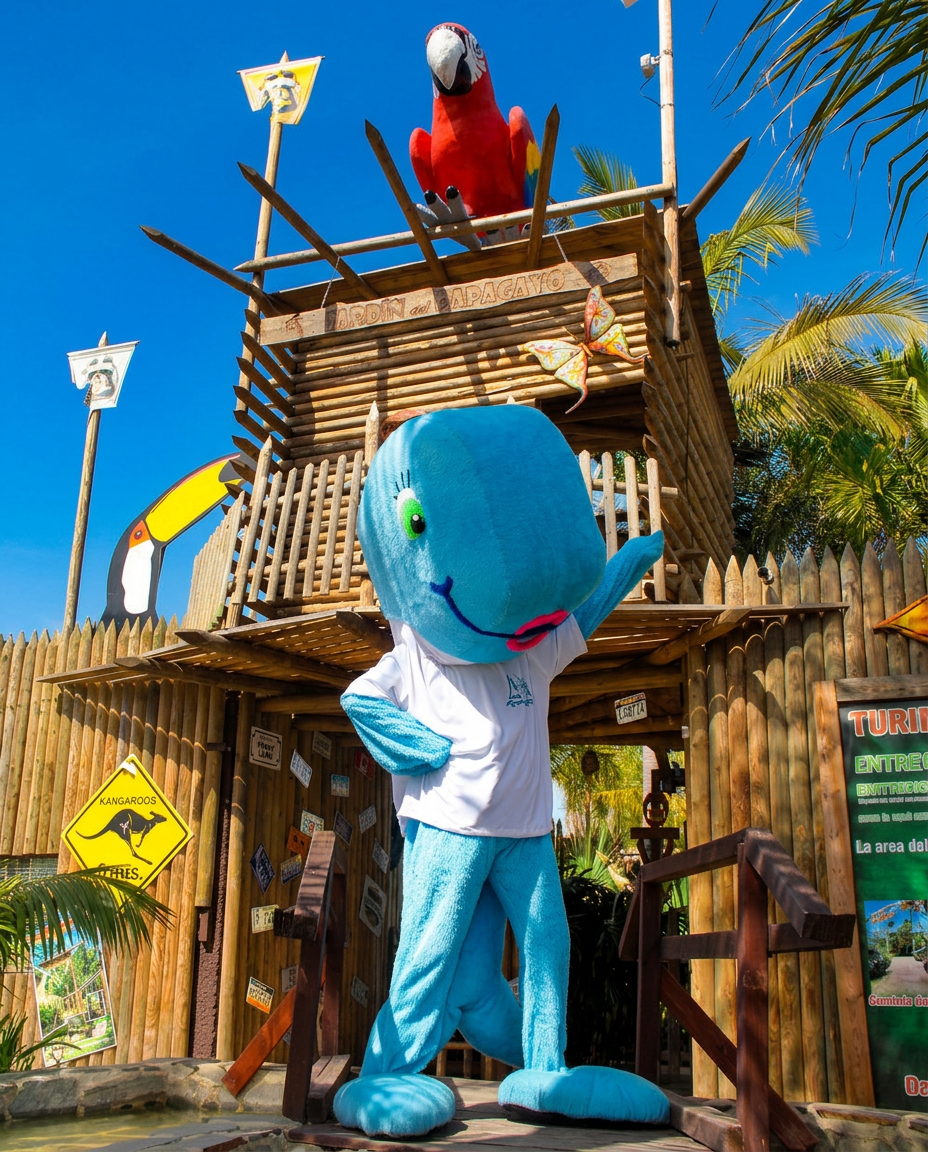 Ballenita, la mascota oficial de Hoteles Mediterráneo, en el parque temático de Peñíscola junto a un guacamayo rojo