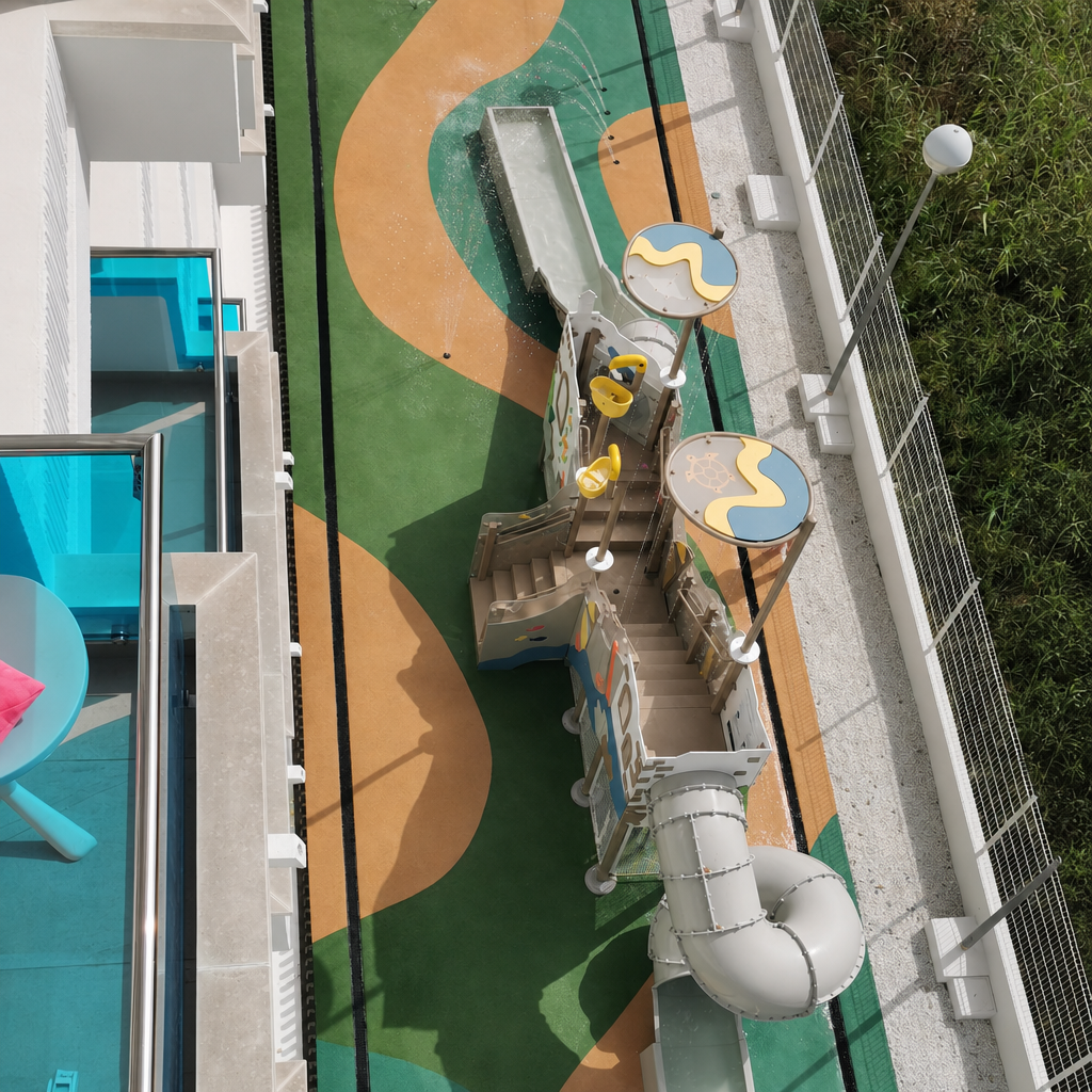 Vista aérea de la zona de toboganes y juegos de agua infantiles del Aparthotel Acuazul en Peñíscola